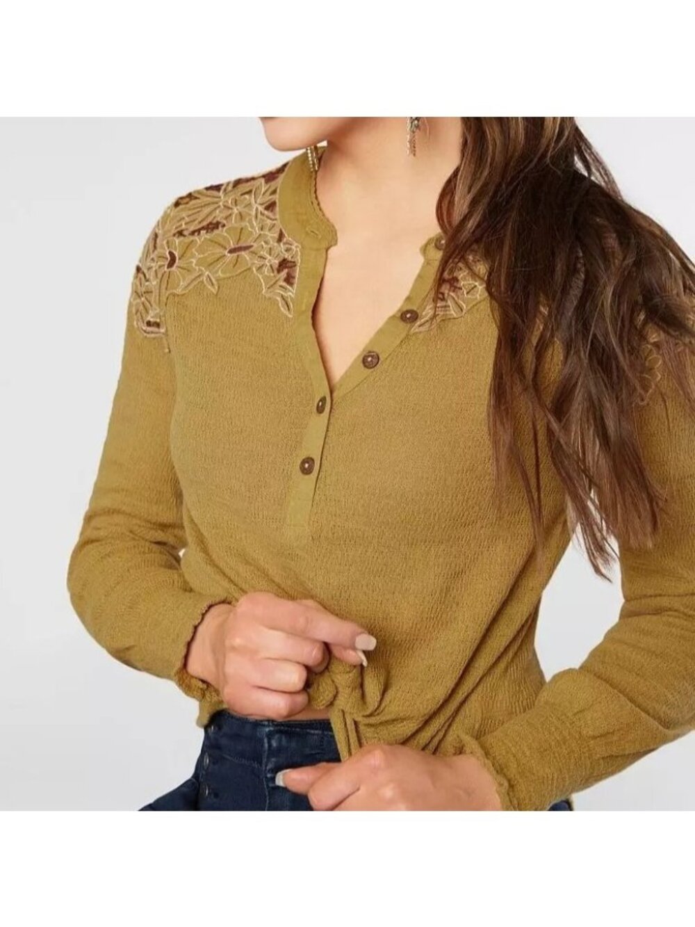 Free People Easy Breasy Henley Top Embroidered Blouse Mustard Yellow Size S